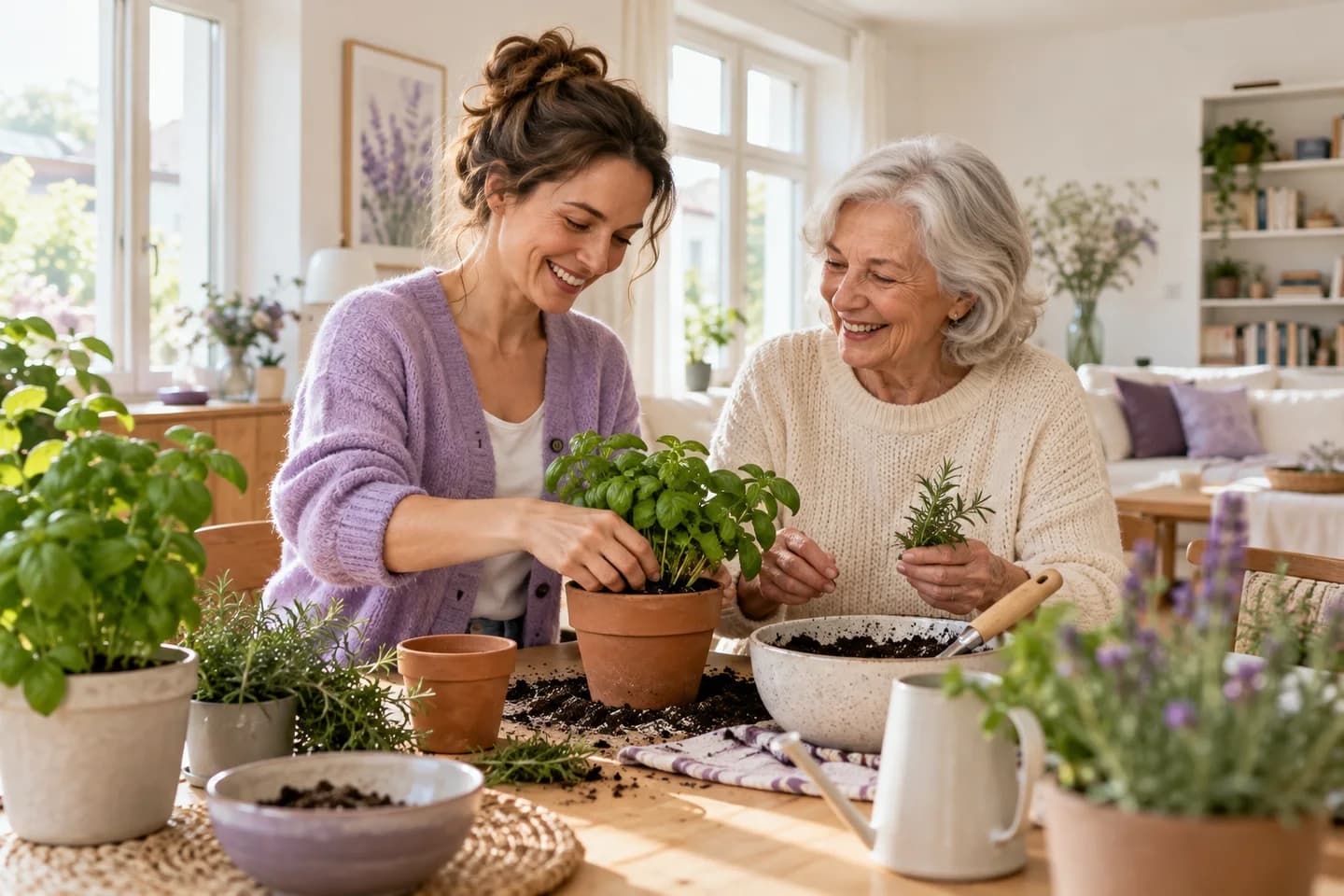 Eine Alltagshilfe und eine Seniorin pflanzen gemeinsam Kräuter – KI-generiertes Symbolbild
